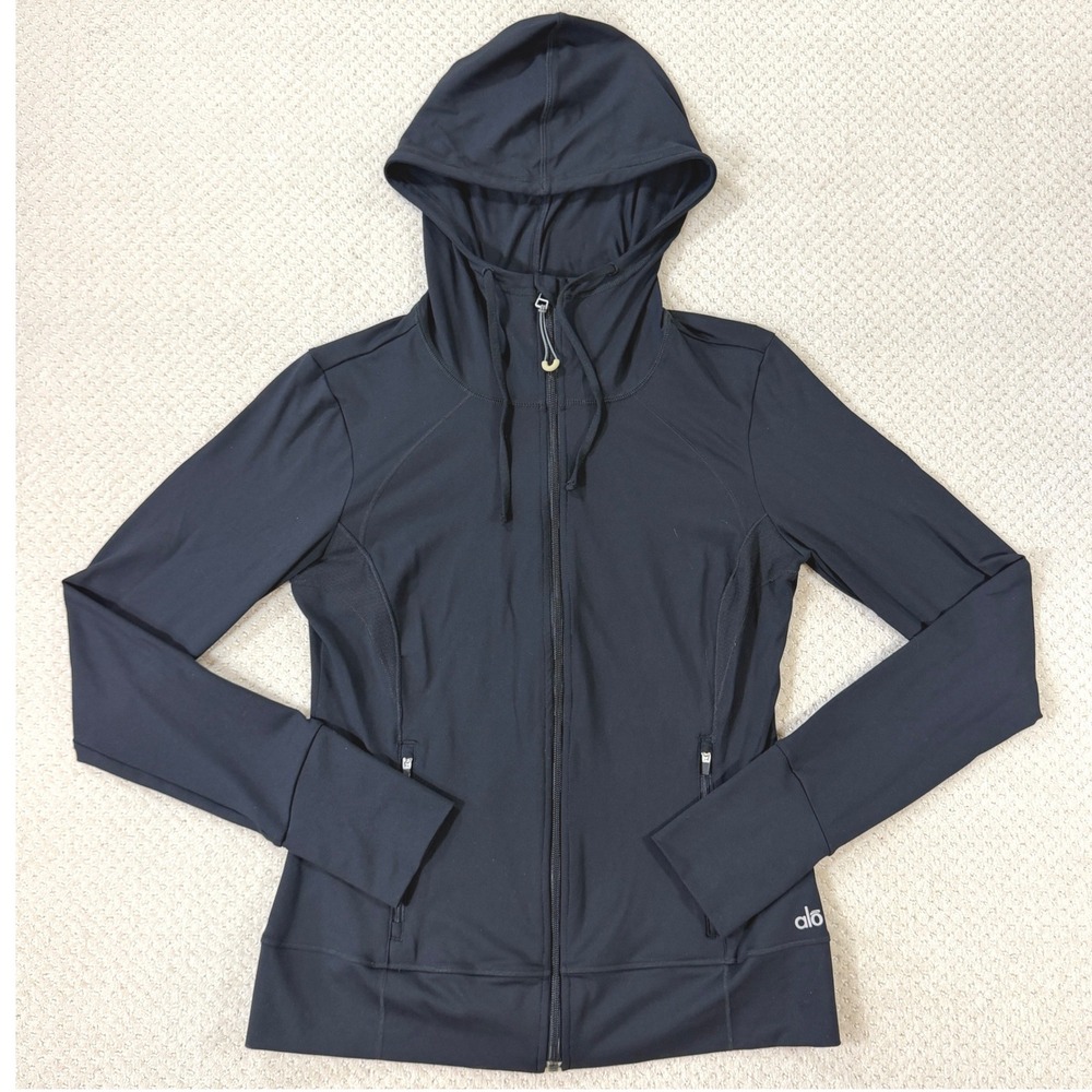 Alo Full Zip Yoga Jacket Women Med Black Hoodie Running Thumbholes Performance